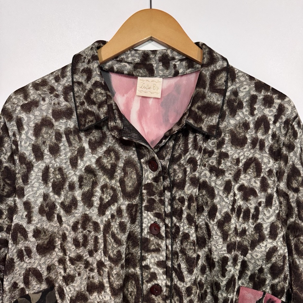 Sadie B's Top Womens Plus 3X Leopard Floral Button Up Tunic Hi Low Sheer - Picture 7 of 11